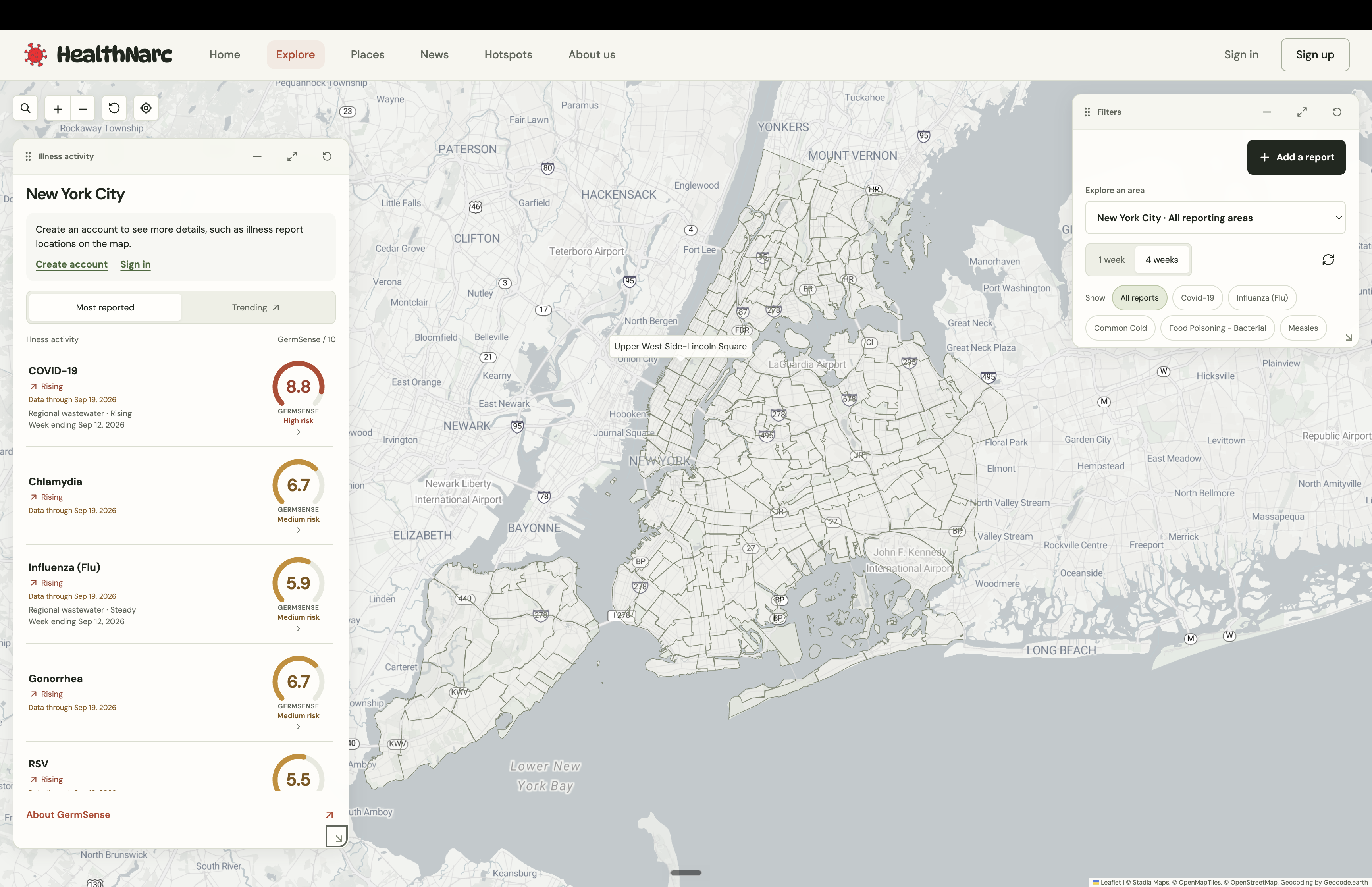 HealthNarc on a laptop: the New York City illness map, GermSense scores, and report filters.