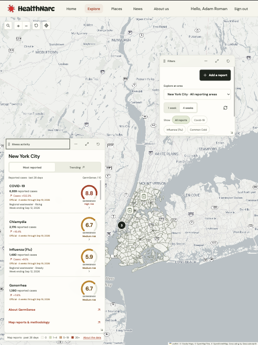 HealthNarc on iPad: floating illness activity and filter panels over the map.